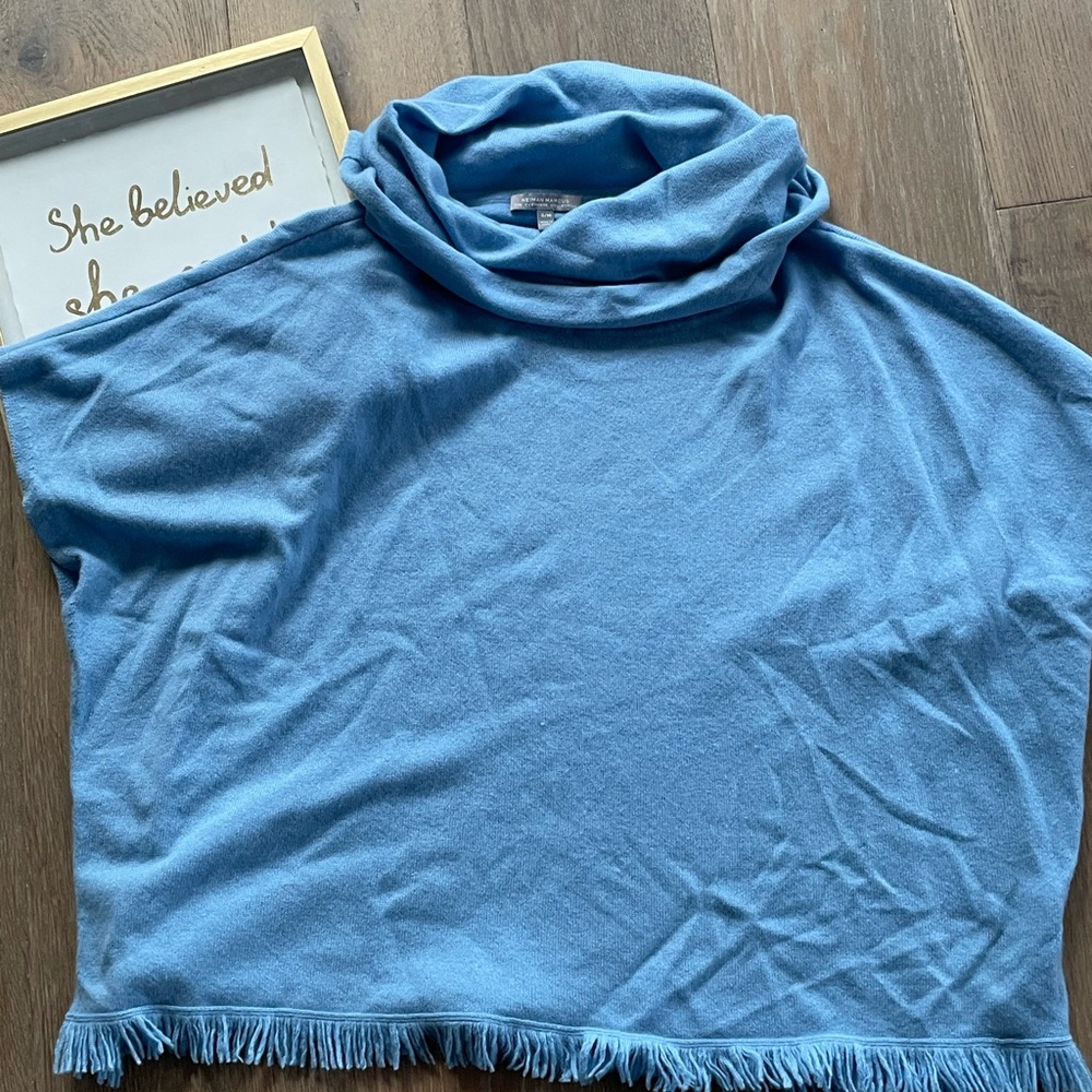 Neiman Marcus Blue Cashmere Cowl Neck Poncho-Style Sweater